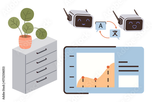 Robots exchanging translation dialogues, data graph with analytics, and office drawer and potted plant. Ideal for technology, AI, data, analytics, productivity multilingual teamwork themes. Simple