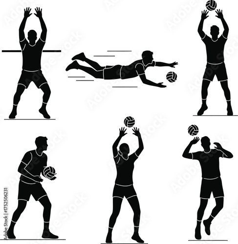 Silhouette illustrations of volleyball players in action
