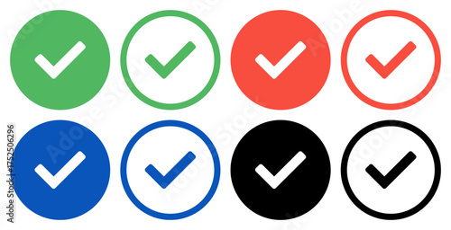 Free Download A set of vector circular checkmark icons in green, red, blue and black with each color showing one filled and one outlined style designed for user interface elements, web design and UX UI projects. - GFXLoad