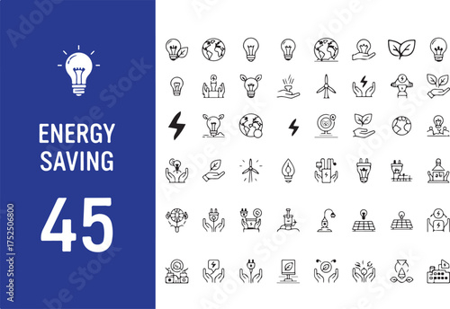 Collection of 45 energy saving icons and symbols for sustainable power solutions and eco friendly concepts silhouette