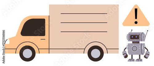 Delivery truck next to robot assistant and warning sign representing automation, logistics, safety concerns. Ideal for transportation, technology, robotics, innovation, e-commerce, AI integration