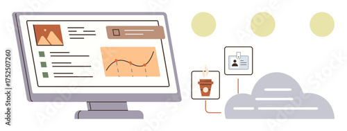 Desktop screen displaying analytics and tasks, cloud storage icon, user ID, coffee takeaway cup. Ideal for teamwork, organization, remote work, data tracking, productivity cloud solutions simple