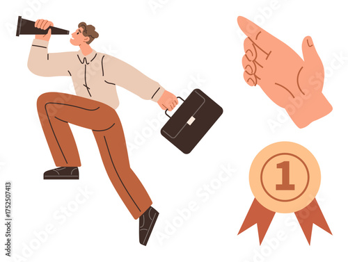 Man with briefcase uses a telescope, symbolizing vision and ambition. Hand gesture points direction, and award badge marks achievement. Ideal for leadership, success, goal-setting, career, ambition