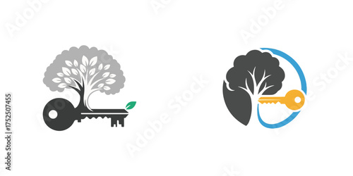 Abstract Tree and Key Logo Designs for Nature and Solution Concepts