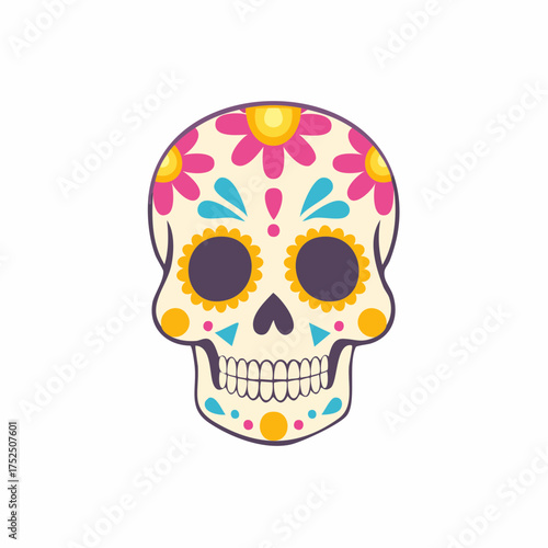 A colorful sugar skull illustration with floral decorations, typical of Day of the Dead celebrations. Dia de los muertos vector illustration clipart.
