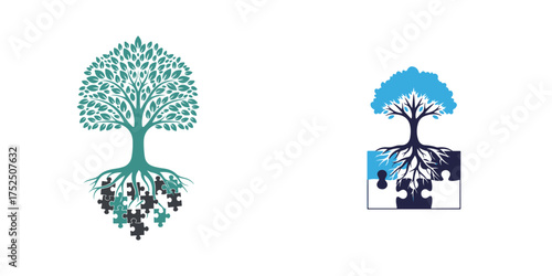 Graphic Trees with Puzzle Piece Roots in Teal and Blue Tones