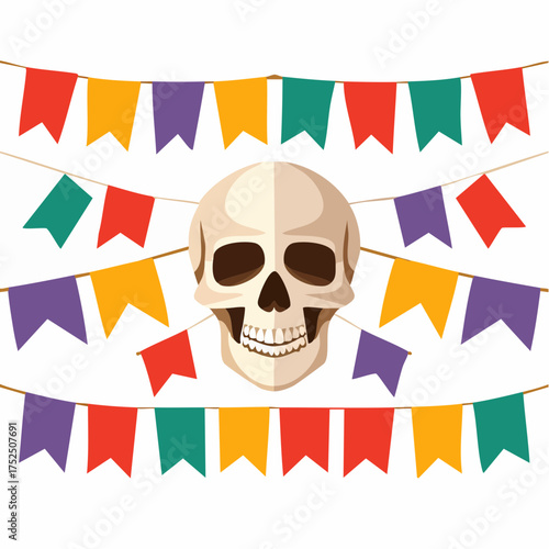 A skull illustration with colorful bunting flags strung above and below, against a white background. Dia de los muertos vector illustration clipart.