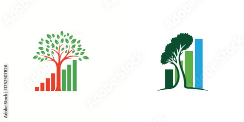 Two Graphic Tree and Bar Chart Logos, Green, Red, Blue Tones