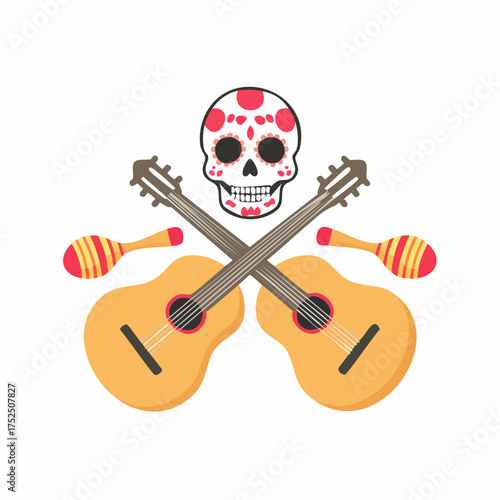 Illustration of a sugar skull above crossed guitars and maracas, a festive and colorful design. Dia de los muertos vector illustration clipart.