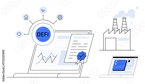 Laptop with DEFI hub, data graphs, certified digital contract, and factory icon reflecting technology and finance connectivity. Ideal for fintech, blockchain, smart contract, investment, DeFi