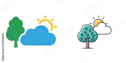 Two Styles of Nature and Weather Icons: Flat and Outlined