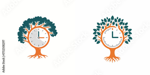 Stylized Tree and Clock Logo Illustration with Green, Orange, and White Colors