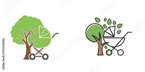 Stylized Tree and Baby Stroller Illustrations in Green and Brown Hues