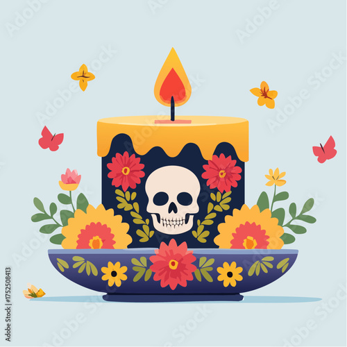 A festive candle with a skull, surrounded by flowers, butterflies, and a decorative bowl. Dia de los muertos vector illustration clipart.