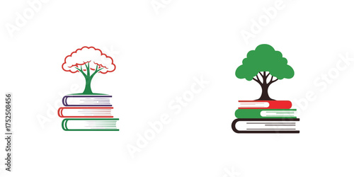 Colorful Abstract Tree and Stacked Books Education Icon Design
