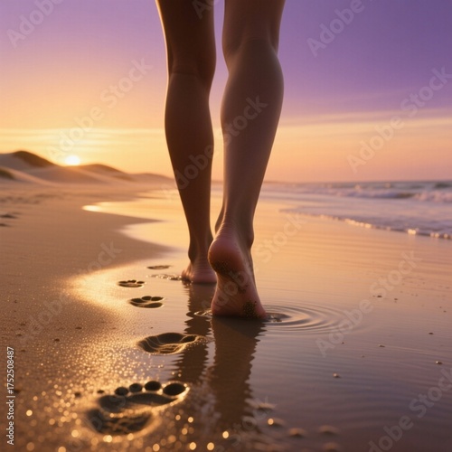 Vista trasera de pies descalzos caminando por la orilla del mar al atardecer. Las huellas se reflejan en la arena húmeda bajo cielo púrpura y naranja. Concepto libertad, paz, conexión con naturaleza