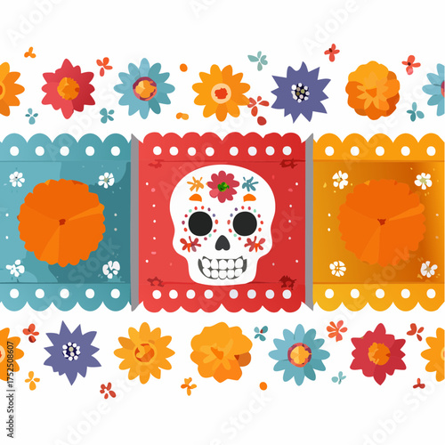 Colorful Day of the Dead banner with skull, flowers, and decorative paper cutouts. Dia de los muertos vector illustration clipart.