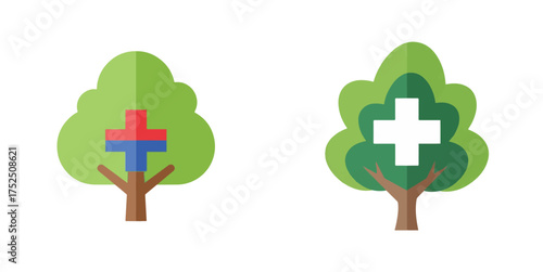 Flat Design Stylized Trees with Medical Plus Sign Icons