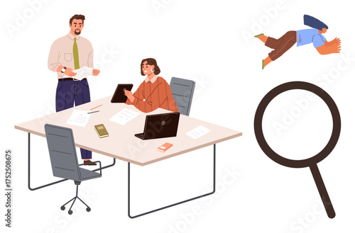 Business colleagues reviewing documents with laptops on a desk, oversized magnifying glass symbolizing scrutiny, and superhero figure overhead. Ideal for teamwork, analysis, problem-solving, focus