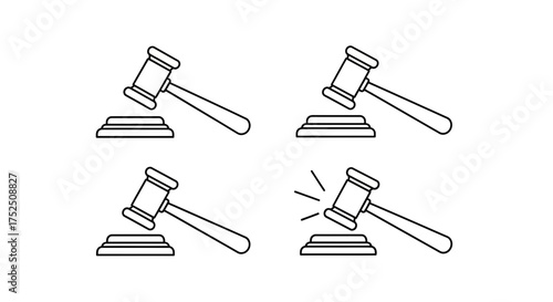Four gavel line art illustrations, showing different stages of striking the sound block.