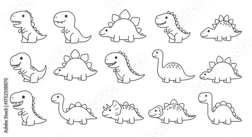 Collection of fifteen cute, cartoon-style dinosaur illustrations in black and white line art, featuring various species like Tyrannosaurus Rex, Stegosaurus, and Brachiosaurus.