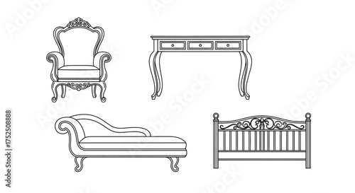Illustration featuring a classic armchair, a console table, a chaise lounge, and a bed frame, all in a detailed line drawing style.