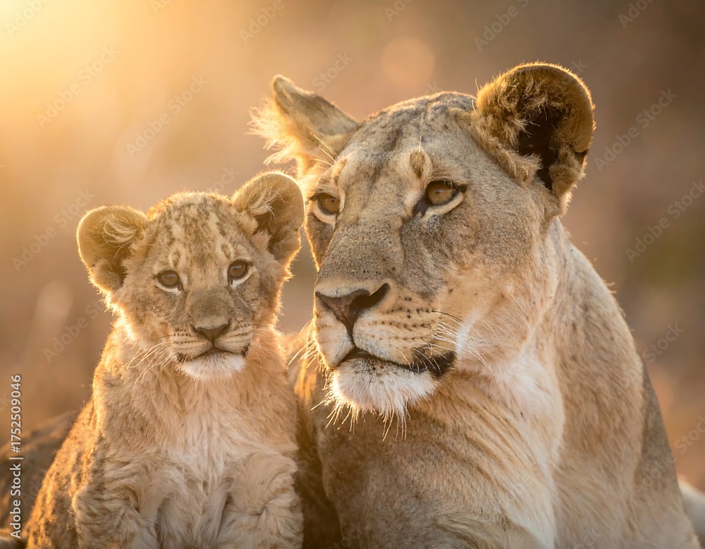 Fototapeta premium A lioness and her cub bask in the golden hour's soft light