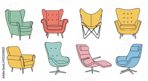 Eight different colorful stylized armchair illustrations are arranged in two rows on a white background, showcasing various modern furniture designs.