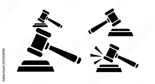 Four gavel icons in black silhouette, each resting on a sound block, depicting legal authority and judgment.