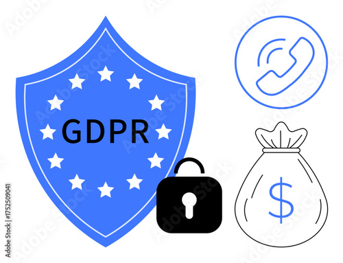 Blue shield with GDPR text and stars, closed padlock, phone call icon, money bag with dollar sign. Ideal for data privacy, cybersecurity, compliance, regulations, internet safety encryption