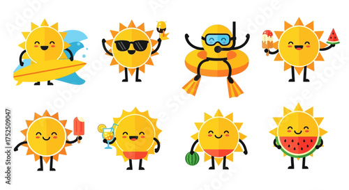 Collection of cartoon sun characters enjoying summer activities like surfing, swimming, diving, drinking cocktails, and eating ice cream and watermelon.