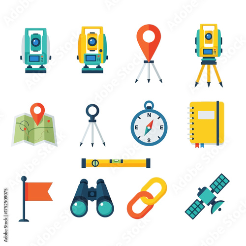 A collection of surveying and mapping icons featuring equipment, tools, and symbols in a flat vector style.