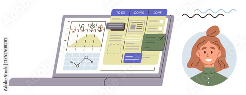 Open laptop showing task management board, analytics charts, and tabs for progress tracking. Female team member icon. Ideal for productivity, collaboration, planning, workflow, analytics teamwork