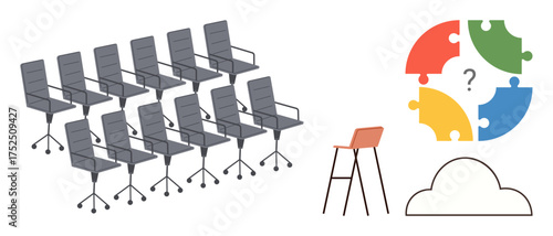 Office chairs in rows, high stool, colorful puzzle circle with question mark, and cloud outline. Ideal for teamwork, communication, leadership, brainstorming, decision-making innovation mentorship