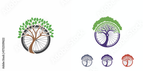 Circular Tree and Bicycle Wheel Logo Design with Green Leaves