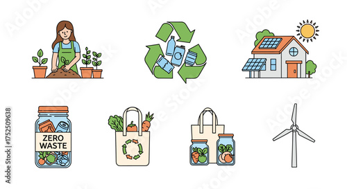 Embrace sustainable living practices like gardening, recycling, solar energy and zero waste with this vibrant modern illustration for eco-conscious brands