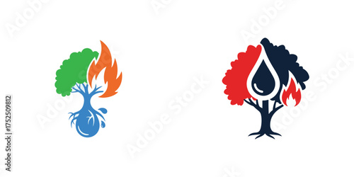 Abstract Tree Logos Illustrating Natural Elements: Fire, Water, Greenery