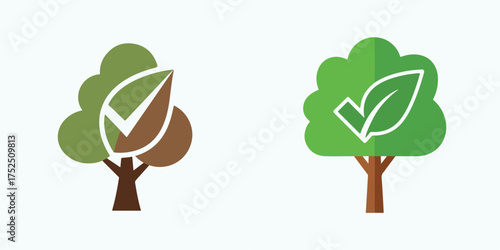 Flat Graphic Tree Icons with Green Foliage, Leaf, and Checkmark