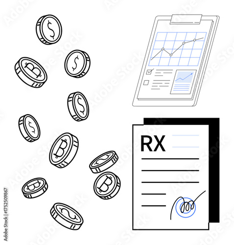 Coins with crypto and dollar signs, growth chart on clipboard, signed RX documents. Ideal for finance, blockchain, investment, medicine, decision-making growth agreements. Simple flat metaphor