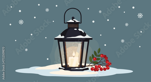 Warm winter wishes radiate from this snowy lantern scene, perfect for holiday cards and seasonal promotions needing a cozy, inviting touch