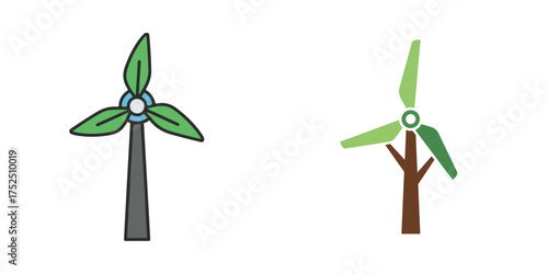Eco-Friendly Hybrid Wind Turbine Tree Icons in Flat and Outlined Styles