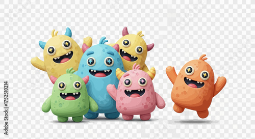 A group of six colorful, cartoonish, friendly monsters with big eyes and wide smiles, set against a transparent background.