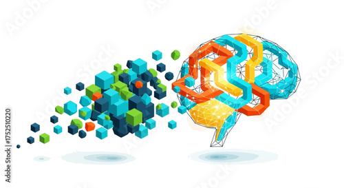 Conceptual illustration of a brain transforming data into information, representing artificial intelligence.