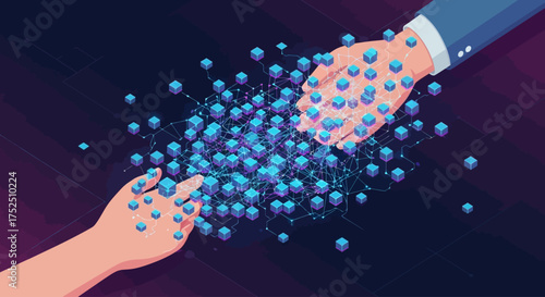 Blockchain connection: Two hands reaching out to each other with a network of blue cubes.