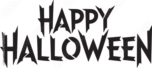 "Happy Halloween" text in a distressed, stencil-cut style with sharp, ragged edges, giving it a gritty and unsettling horror aesthetic.