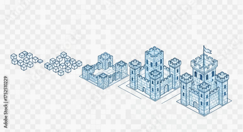 An isometric illustration showing the progressive stages of building a medieval castle from individual blocks.