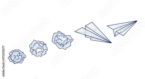 Illustration showing the evolution from crumpled paper balls to a paper airplane in flight.