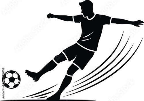Silhouette of a soccer player kicking a ball with motion lines