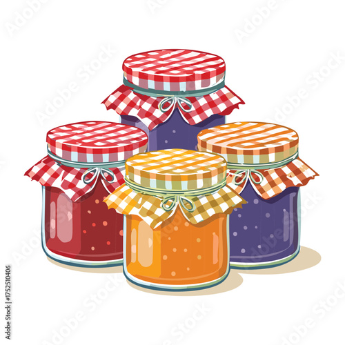 Assortment of small to medium-sized jars containing various homemade fruit and berry jams on the table - Vector Illustration