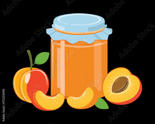 Close-up shot of a homemade glass jar filled with luscious peach and apricot jam on a dark background - Vector Illustration